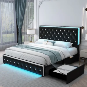 Queen LED PU Bed Frame with 2 Drawers
